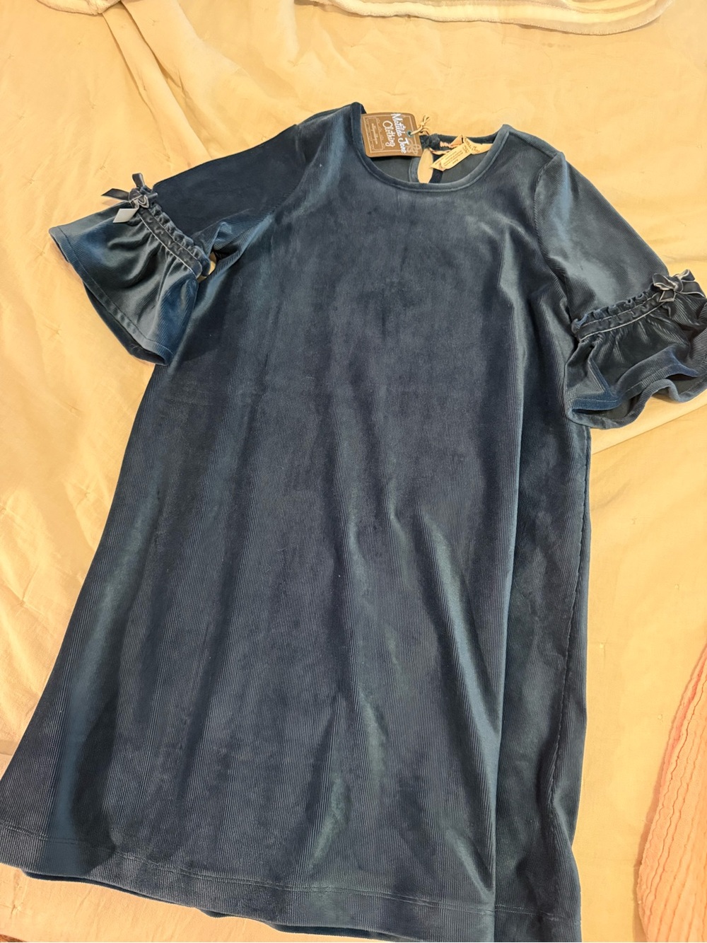 Girls Velvet Ruffle Sleeve Dress - Navy